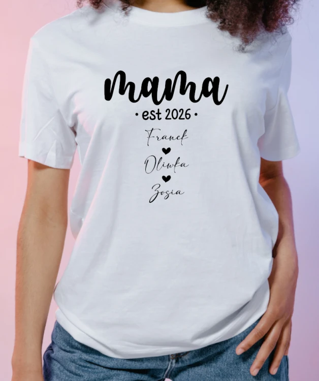Koszulka damska z nadrukiem „Mama” i imionami dzieci – personalizowana koszulka na Dzień Matki, wyjątkowy prezent dla mamy