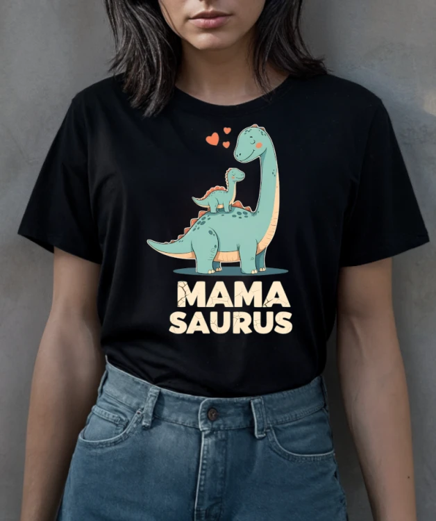 Minimalistyczna koszulka damska z nadrukiem „Mamasaurus” i dzieckiem – czarna koszulka na Dzień Matki, zabawny prezent dla mamy