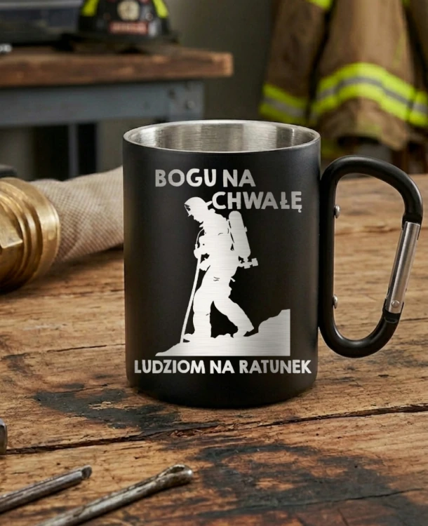 Kubek z grawerem „Bogu na chwałę, ludziom na ratunek” w kolorze białym, wykonany z ceramiki wysokiej jakości. Widoczny trwały napis nawiązujący do motta straży pożarnej. Idealny prezent na Dzień Strażaka
