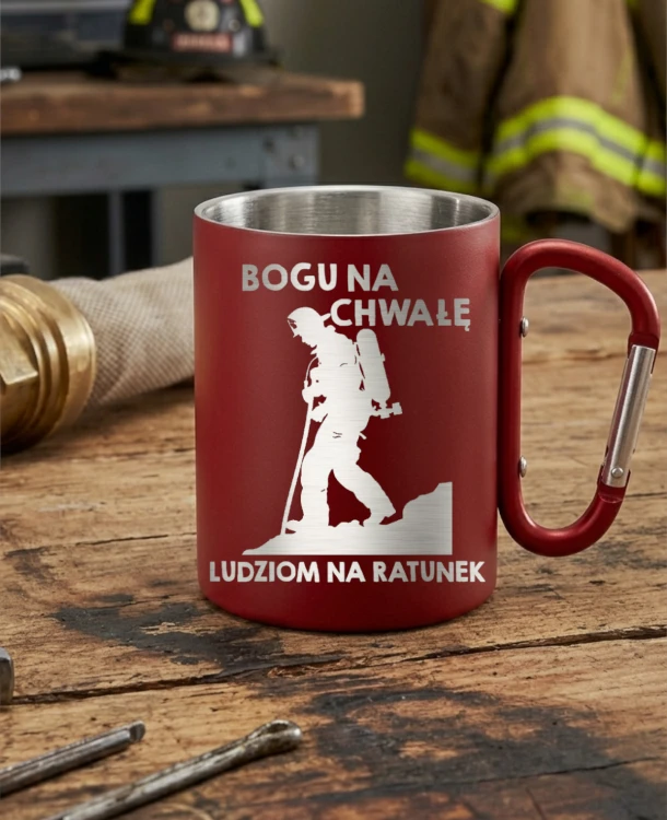 Kubek z grawerem „Bogu na chwałę, ludziom na ratunek” w kolorze białym, wykonany z ceramiki wysokiej jakości. Widoczny trwały napis nawiązujący do motta straży pożarnej. Idealny prezent na Dzień Strażaka