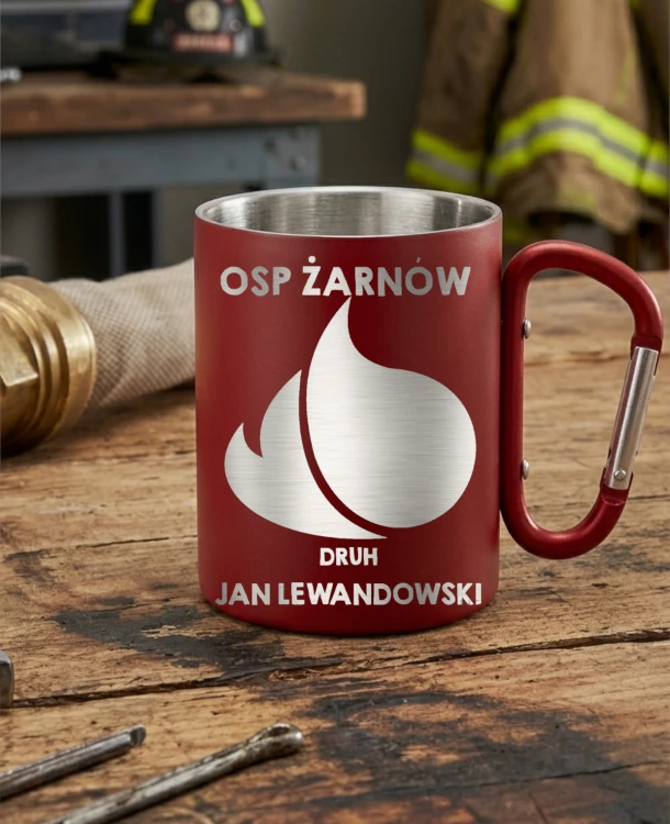 Metalowy kubek z grawerem „Druh” z karabińczykiem, personalizowany, wykonany z lekkiego metalu. Widoczny trwały grawer strażacki. Idealny kubek turystyczny dla strażaka na Dzień Strażaka