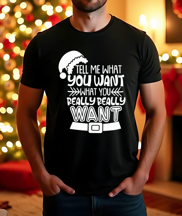 Męska bawełniana koszulka świąteczna Tell Me What You Really Want z nadrukiem świątecznym